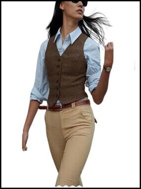 Women's Herringbone Tweed Suit Vest V-Neck Button Waistcoat